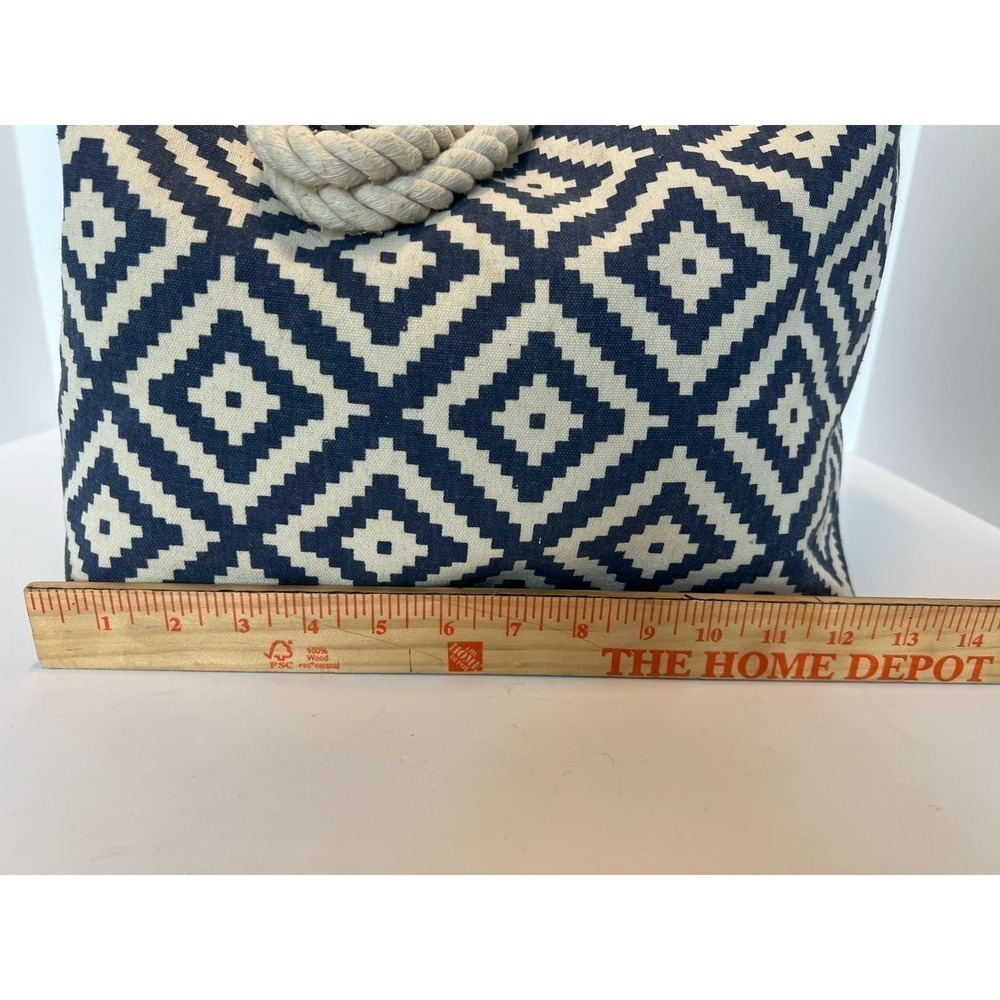 Summer & Rose Nautical Tote, Geometric Pattern, Rope Handles, Blue & White - Picture 7 of 16